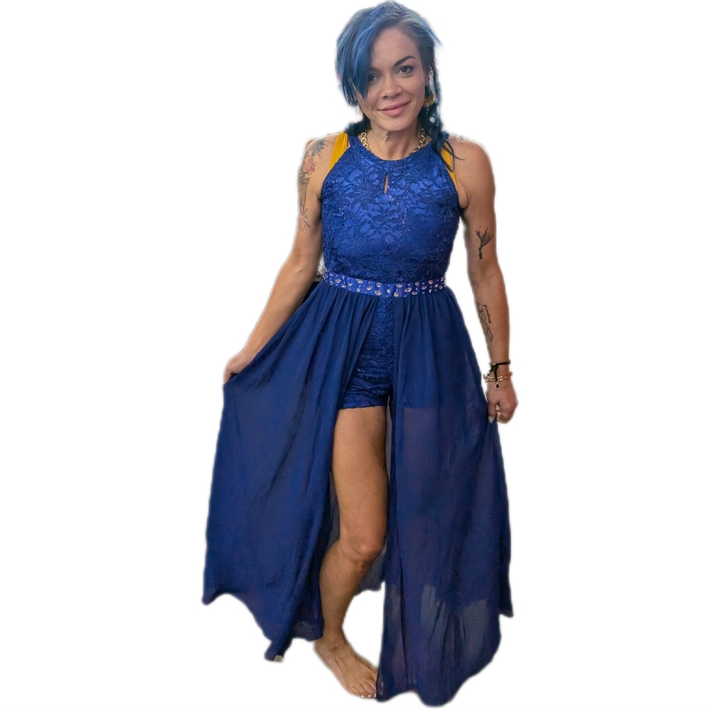 Girls Sz 14 Formal Dress Cobalt Blue Halter Neck Shorts Romper with Maxi Skirt